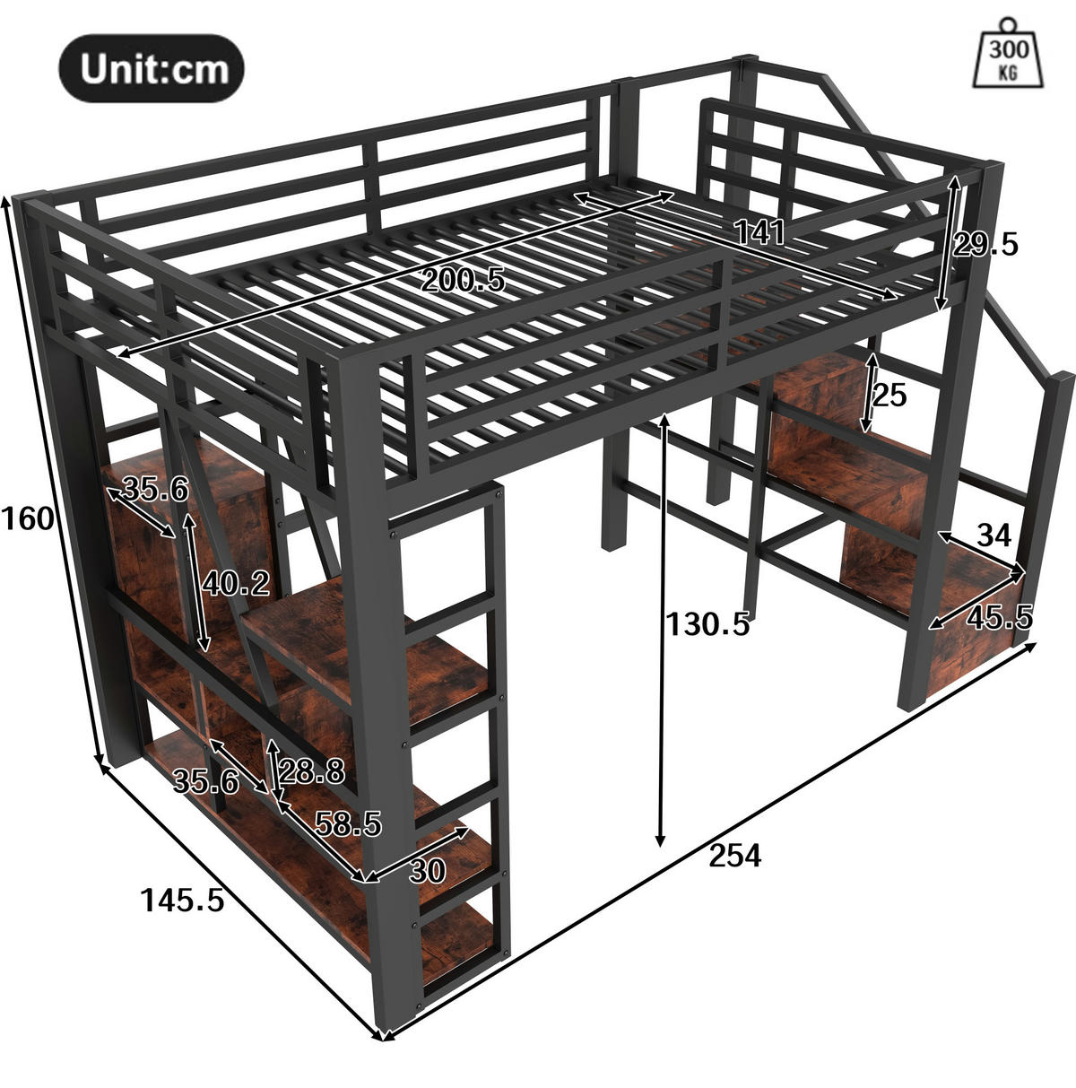 HOCHBETT 140/200 cm, Schwarz mit LED-Lichtleiste, ohne Matratze - Schwarz, Metall (140/200cm) - MIVRAY