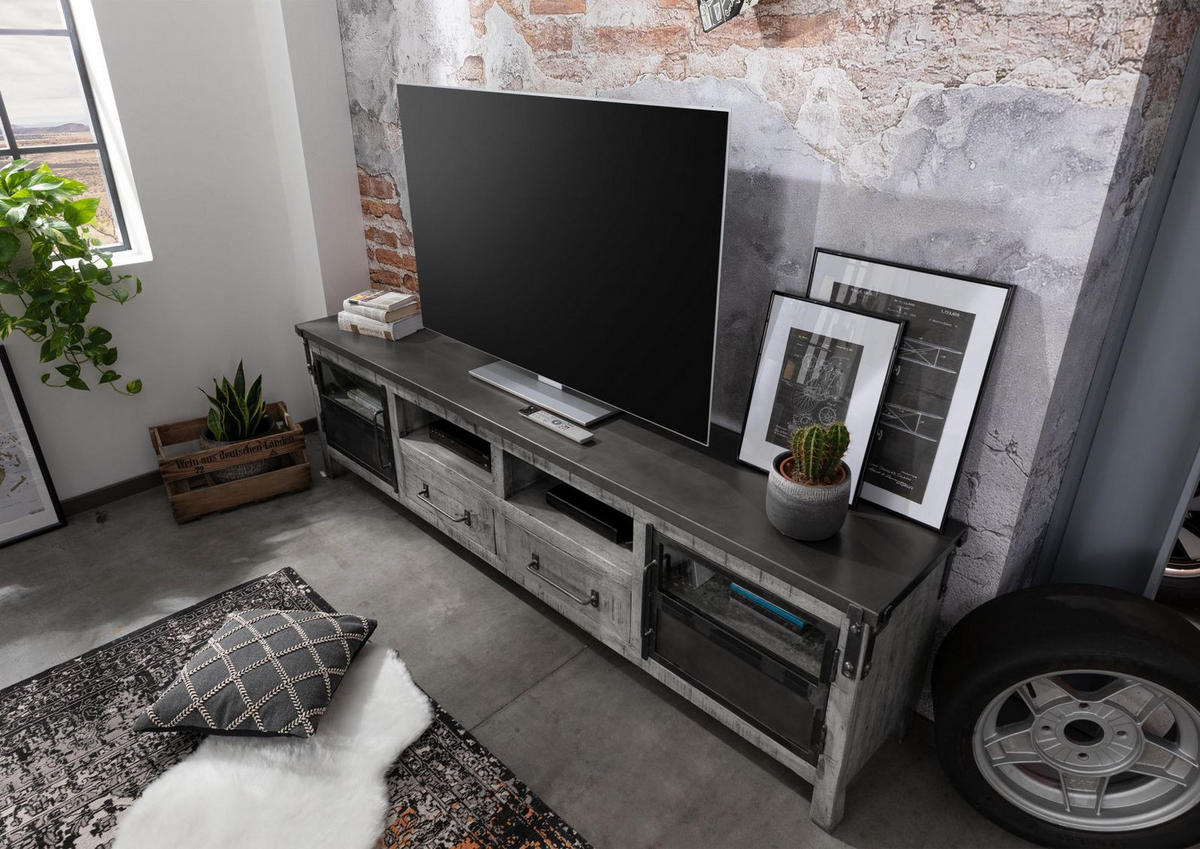 TV-BOARD Mango 220x40x60 grau lackiert HEAVY INDUSTRY #135 - Grau, Holz (220/60/40cm) - Massivmoebel24