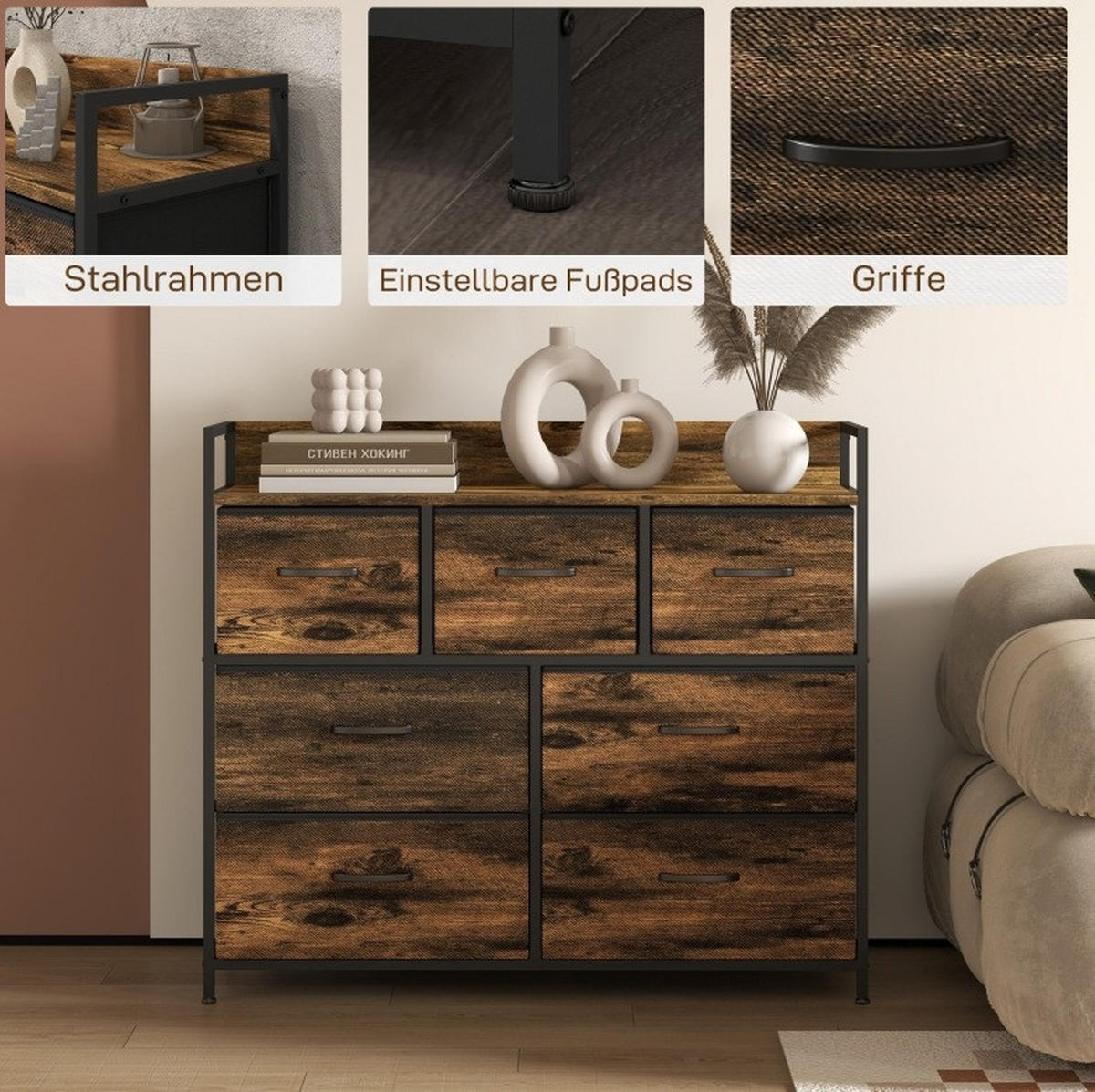 KOMMODE 98/29/85 cm aus Polyester, Stahl & MDF mit 7 Stoffschubladen Braun - Braun, Holzwerkstoff (98/85/29cm) - Modenvie
