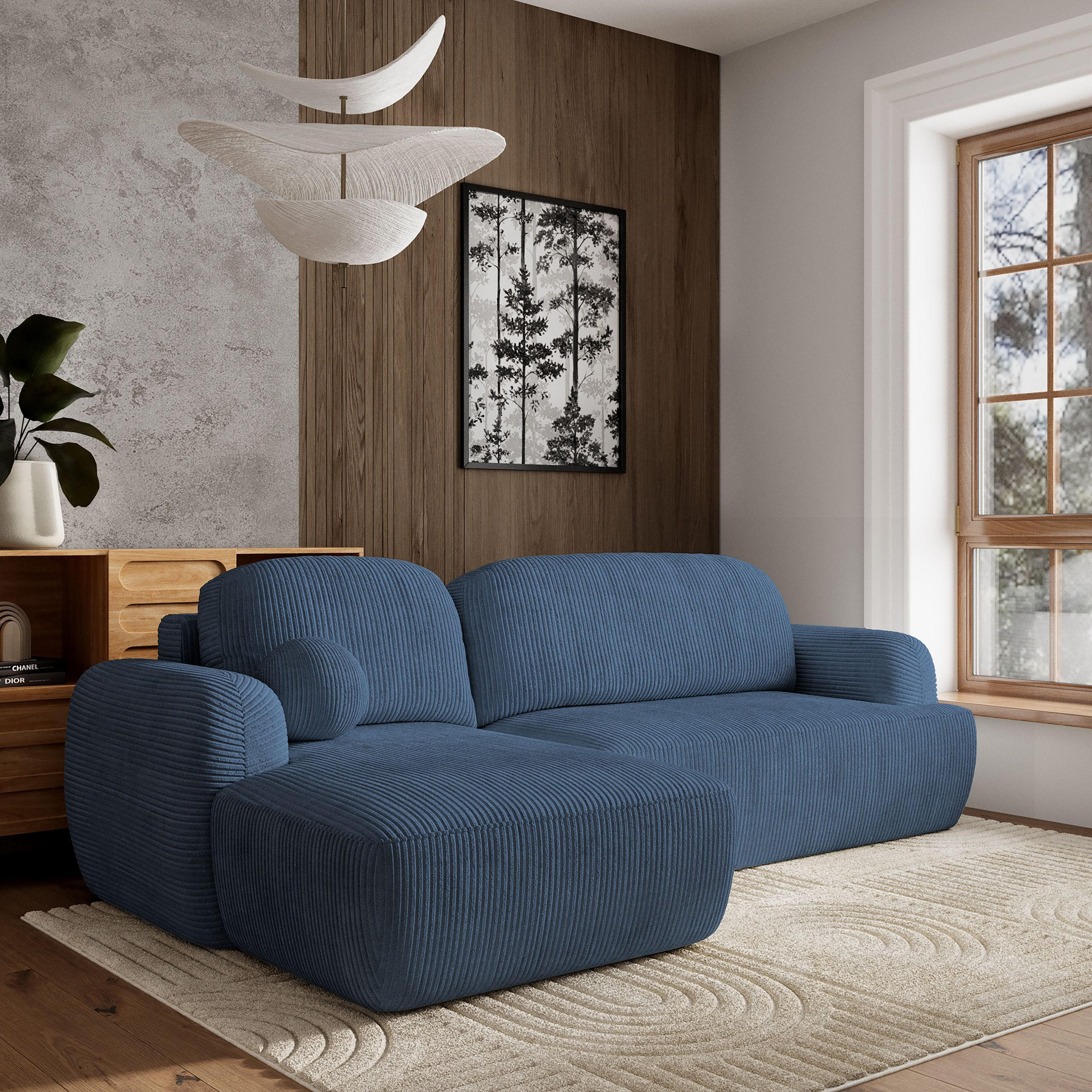 ECKSOFA MODENZA P L-S Blau Kordstoff mit Schlaffunktion - Blau, Holz (266/148cm) - MASSENO