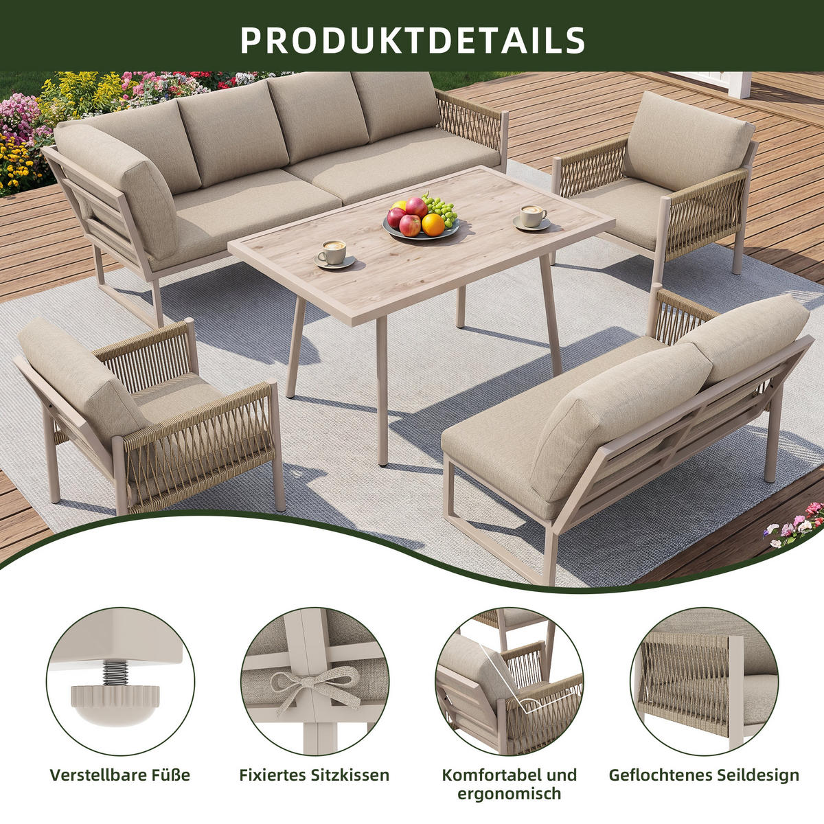 GARTENLOUNGE Beige 7-8 Personen L-Form Sofa Tisch 2 Sessel - Beige, Metall - FLIEKS