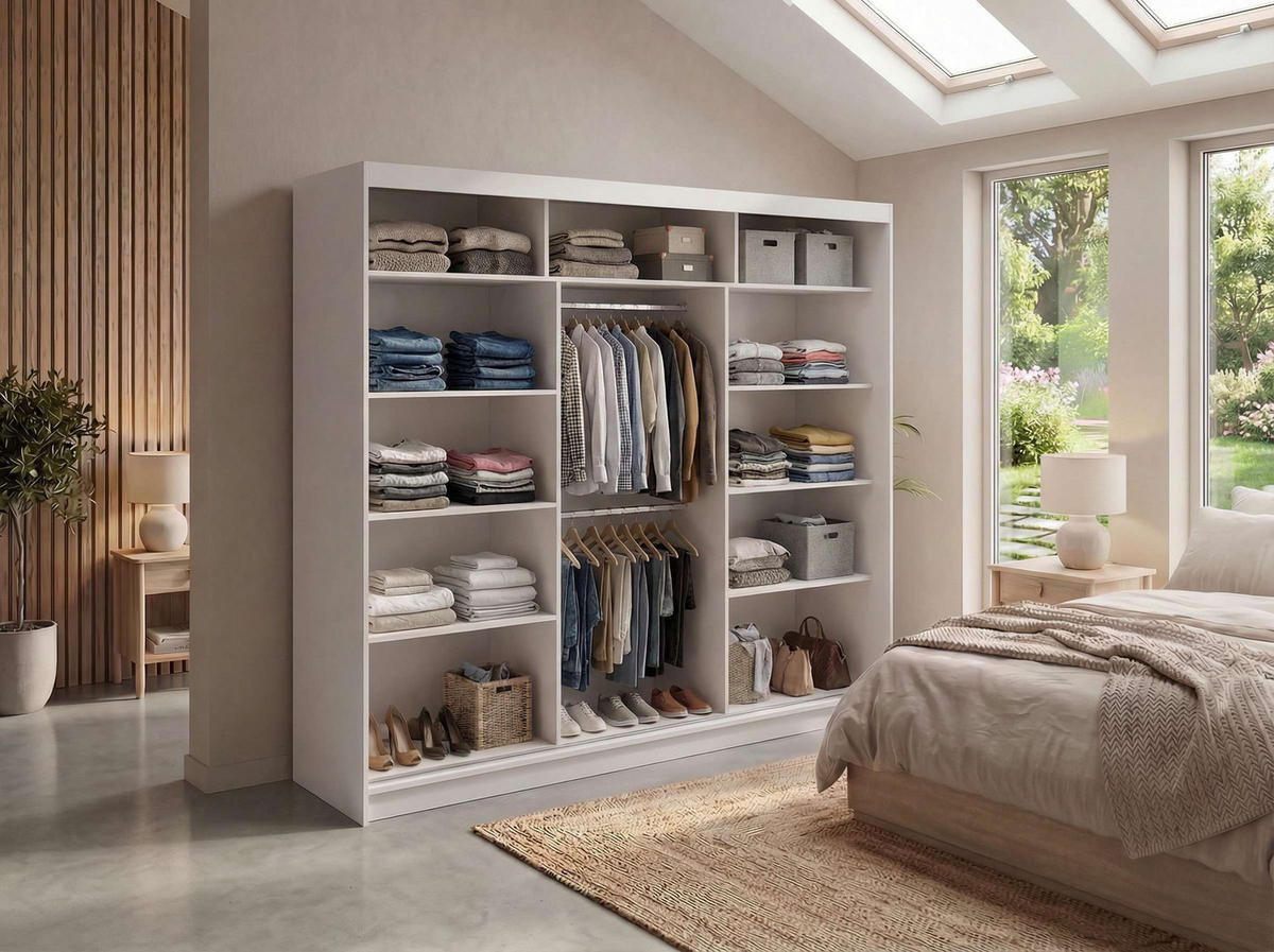 SCHWEBETÜRENSCHRANK mit Spiegel - WALENCJA - 240 - Weiß lacobel - Alufarben/Weiß, Holzwerkstoff/Metall (240/216/61cm) - MKS