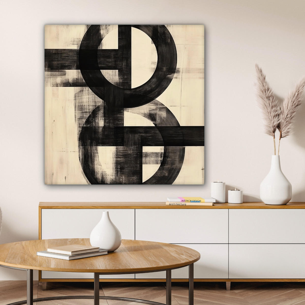 LEINWANDBILD Kreise - Balken - Schwarz - Abstrakt Deko Groß 90x90 cm - Schwarz, Textil (90/90cm) - MuchoWow