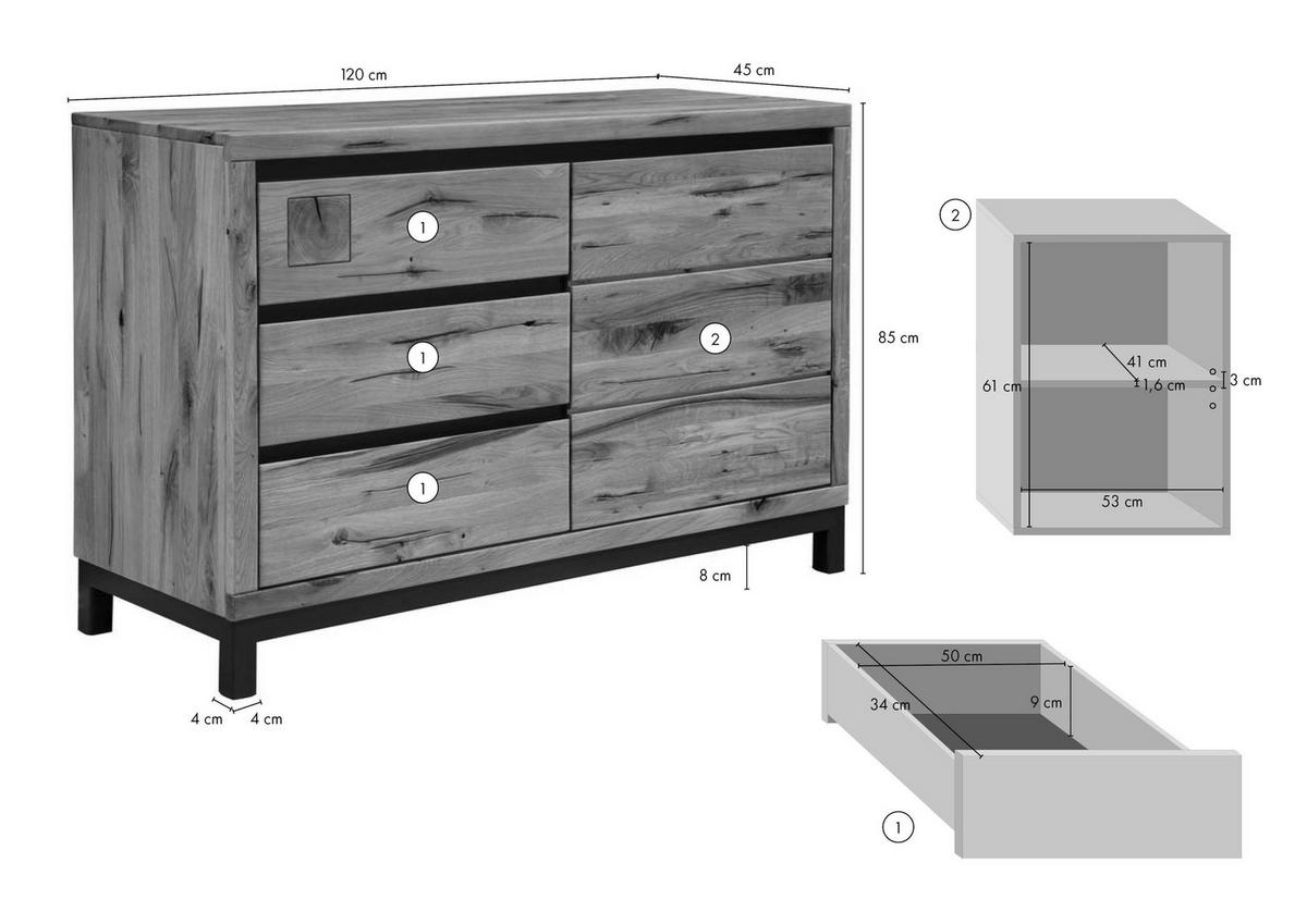 SIDEBOARD Wildeiche 120x45x85 natur geölt VILLANDERS #110 - Braun, Holz (120/85/45cm) - Massivmoebel24
