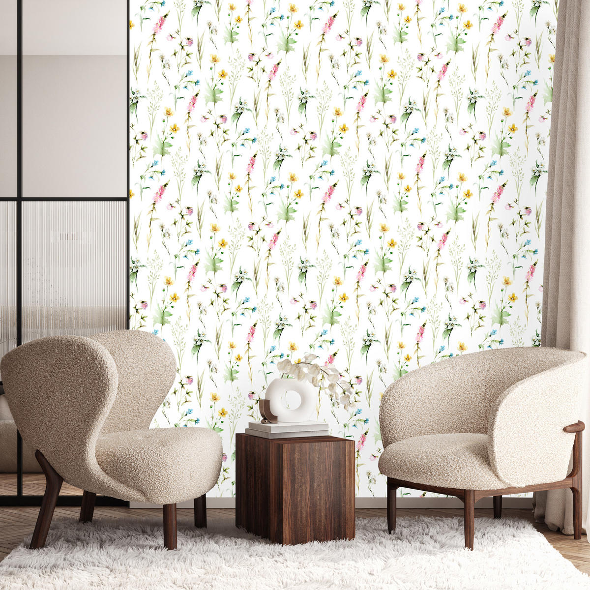 VLIESTAPETE Wildblumen im Boho-Stil – Grün, Bunt, Weiß – 50x1000 cm - Multicolor/Weiß, Papier (50/1000cm) - Muralo