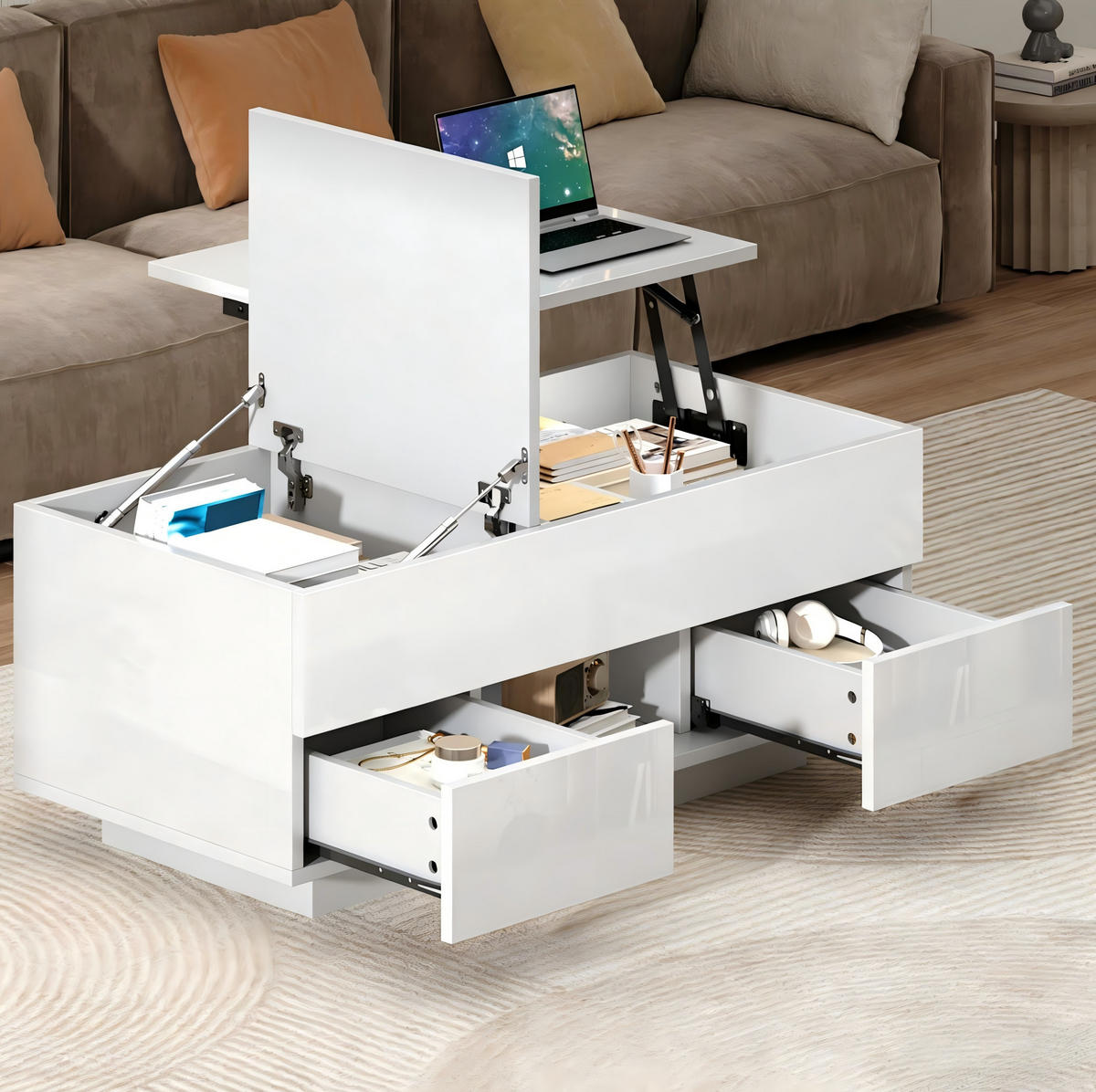 COUCHTISCH 100/45/43 cm Weiß aus Spanplatte mit LED und höhenverstellbarer Tischplatte - Weiß, Holzwerkstoff (100/45/43cm) - OKMYHOME