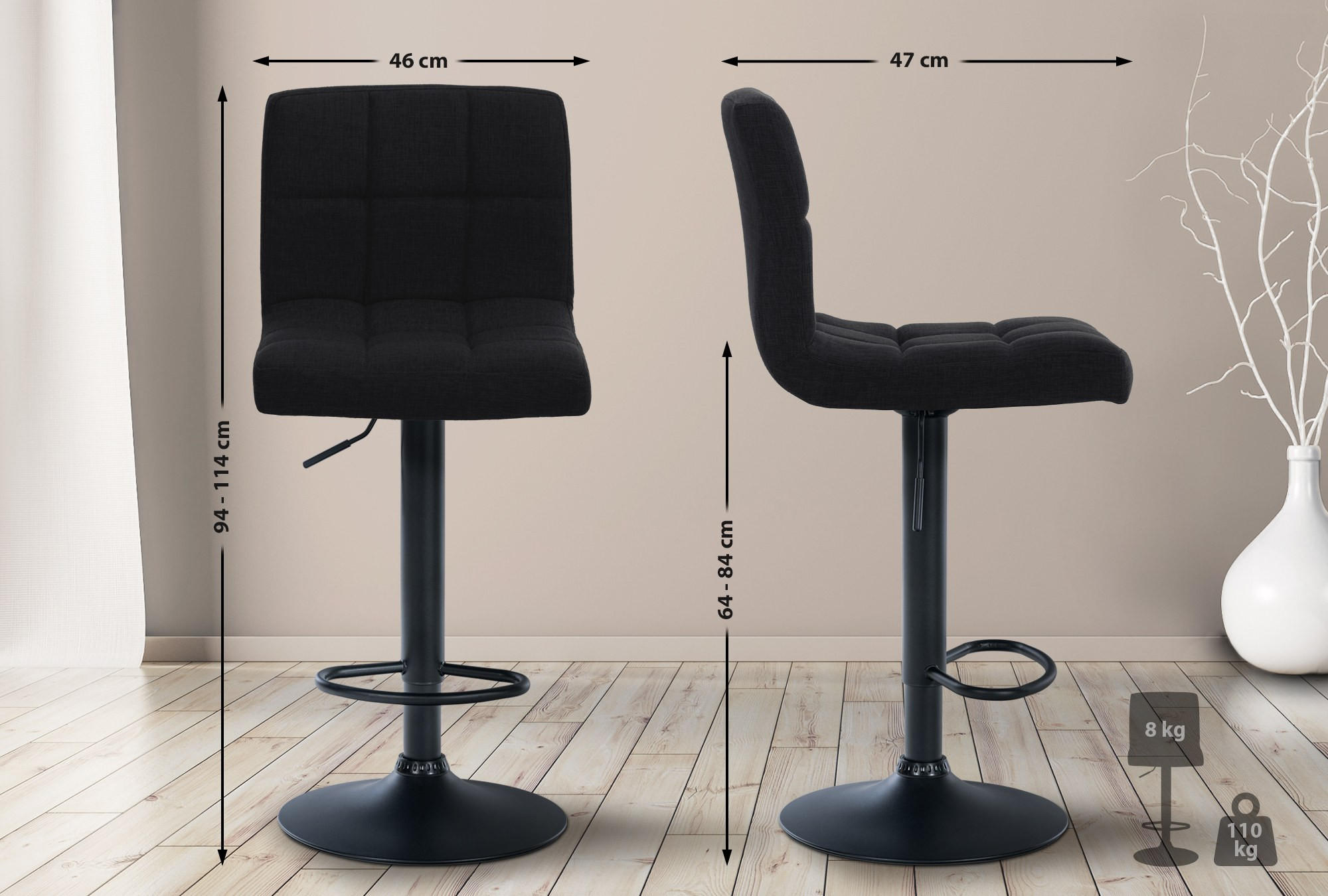 BARHOCKER Stoff schwarz - Schwarz, Textil/Metall (46/94/47cm) - CLP