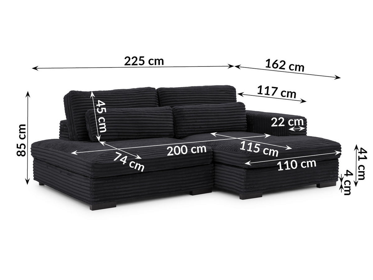 ECKSOFA Wolke mit tiefer Sitzfläche, Schlaffunktion und praktischem Bettkasten aus weichem Schwarz Cordstoff - Schwarz, Holz/Kunststoff (225/162cm) - S-Style