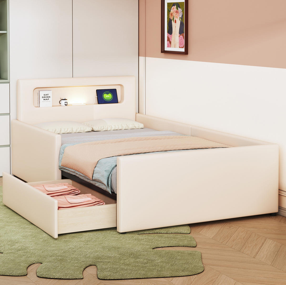 KINDERBETT 90/200 cm aus Kunstleder mit Nachtlicht und USB-Anschluss Beige - Beige, Textil (90/200cm) - Modenvie