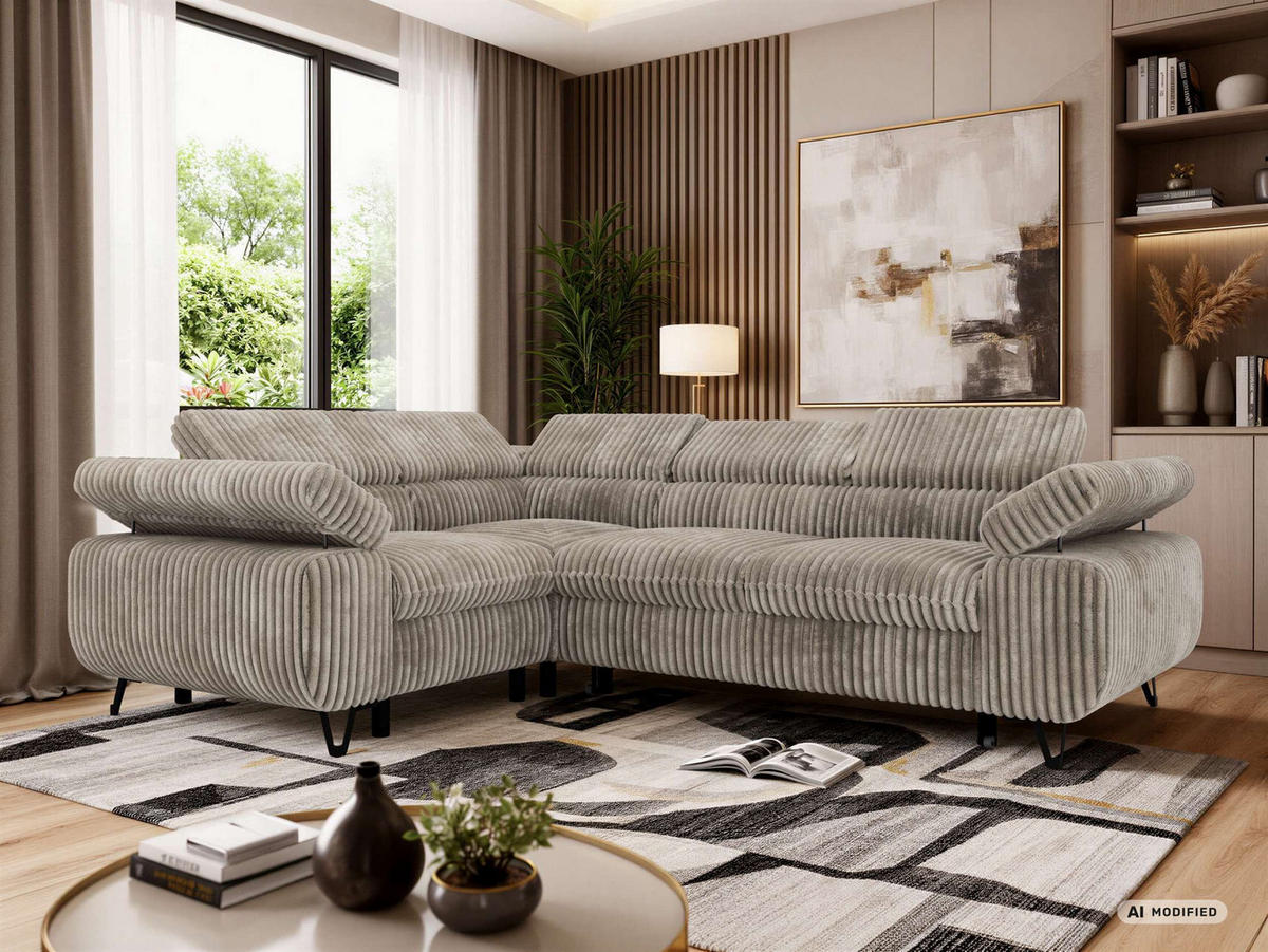 ECKSOFA FALCO L - Hellbraun Cord - Links Seite - Hellbraun/Schwarz, Textil/Metall (197/268cm) - MKS
