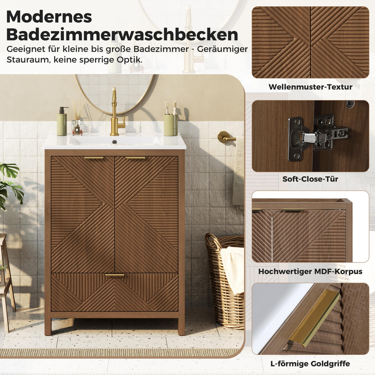 BAD-WASCHTISCHUNTERSCHRANK Walnuss mit Keramikbecken - Walnussfarben, Holzwerkstoff (61/87/47cm) - Urban Meuble