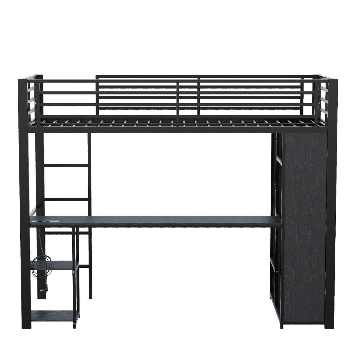 HOCHBETT 90/200 cm Schwarz mit LED-Lichtleiste, Schreibtisch und Offener Kleiderschrank - Schwarz, Metall (90/200cm) - Oxeza