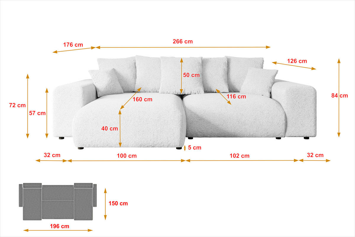 ECKSOFA Ottomane rechts ESKAR-L 266x176x84 Weiß Bouclé - Schwarz/Weiß, Holzwerkstoff/Kunststoff (176/266cm) - ALTDECOR