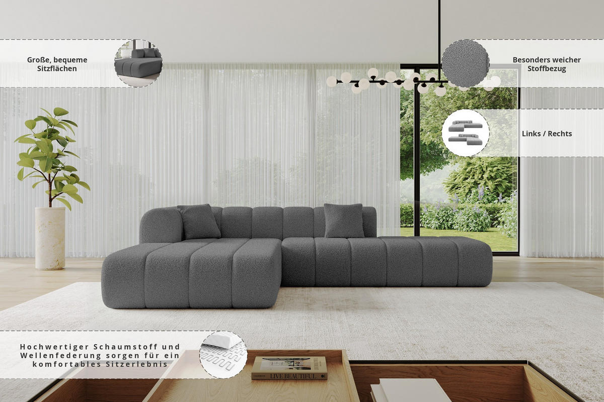 ROHOVÁ SEDAČKA s otomanem, levá BILA-L 289x176x71 Šedá Buklé - šedá/černá, kompozitní dřevo/textil (176/289cm) - ALTDECOR