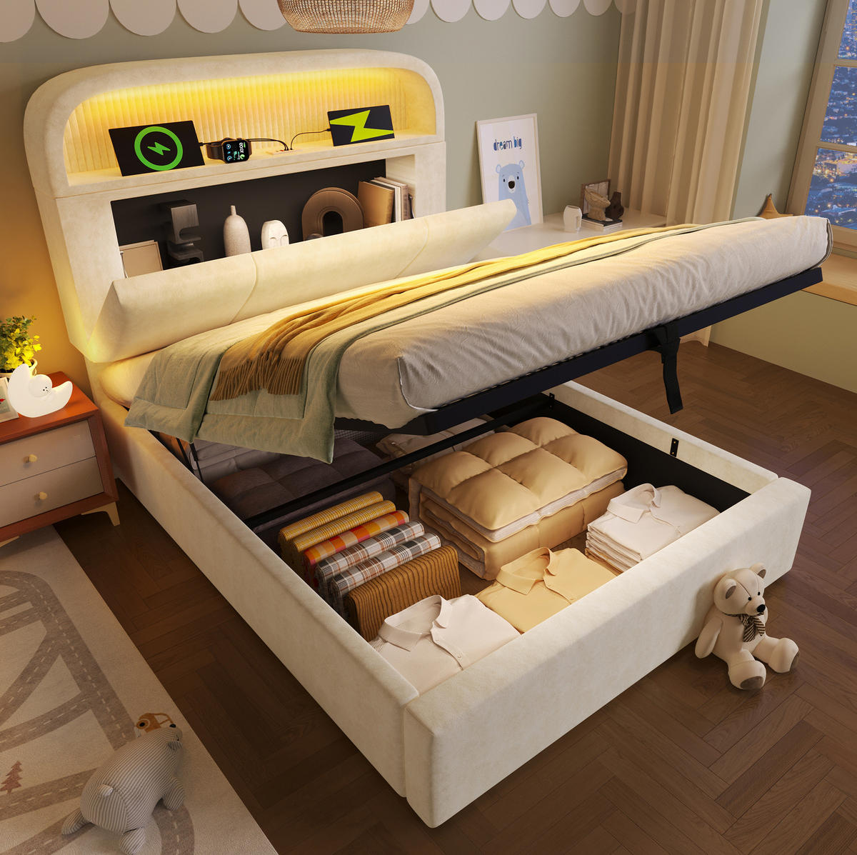 POLSTERBETT 90/200 cm mit hydraulischem Bettkasten, LED & USB/Type-C, Samt Beige - Beige, Textil (90/200cm) - Redom