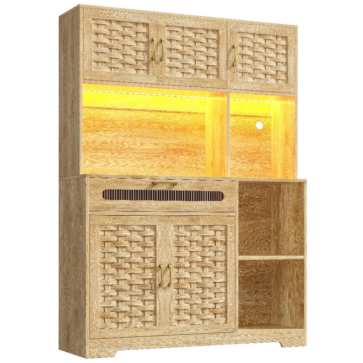 KÜCHENSCHRANK MIT APP-STEUERUNG UND LED, Vitrinenschrank mit Glastüren und Schubladen, MDF, für Wohnzimmer und Esszimmer, 120/180/40 cm - Naturfarben, Kunststoff (40/180/120cm) - Rolipo