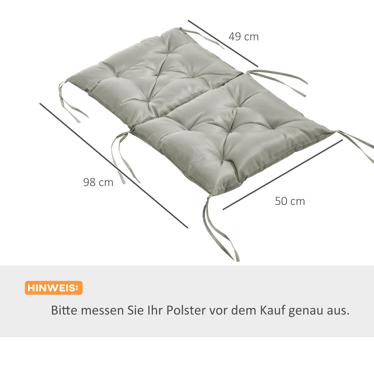 2ER-SET Sitzkissen, 98 x 50 cm Stuhlkissen mit Bindebänder, Stoffbezug 8cm dick - Hellgrau, Textil (50/8/98cm) - Outsunny