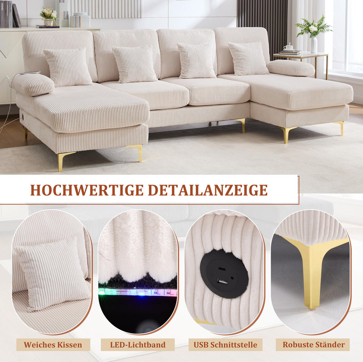 WOHNLANDSCHAFT aus Samt 265x135x88 cm Beige mit LED-Beleuchtung, USB-Anschluss und ergonomischem Komfort - Beige, Textil (265/88/135cm) - Modfu