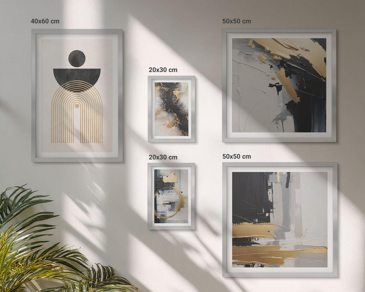 WANDBILDER 5er Set - 50x50 cm & 20x30 cm & 40x60 cm Silberner Rahmen - Abstrakte Geometrie-Komposition - Silberfarben, Kunststoff (40/60cm) - ArtPrintCave