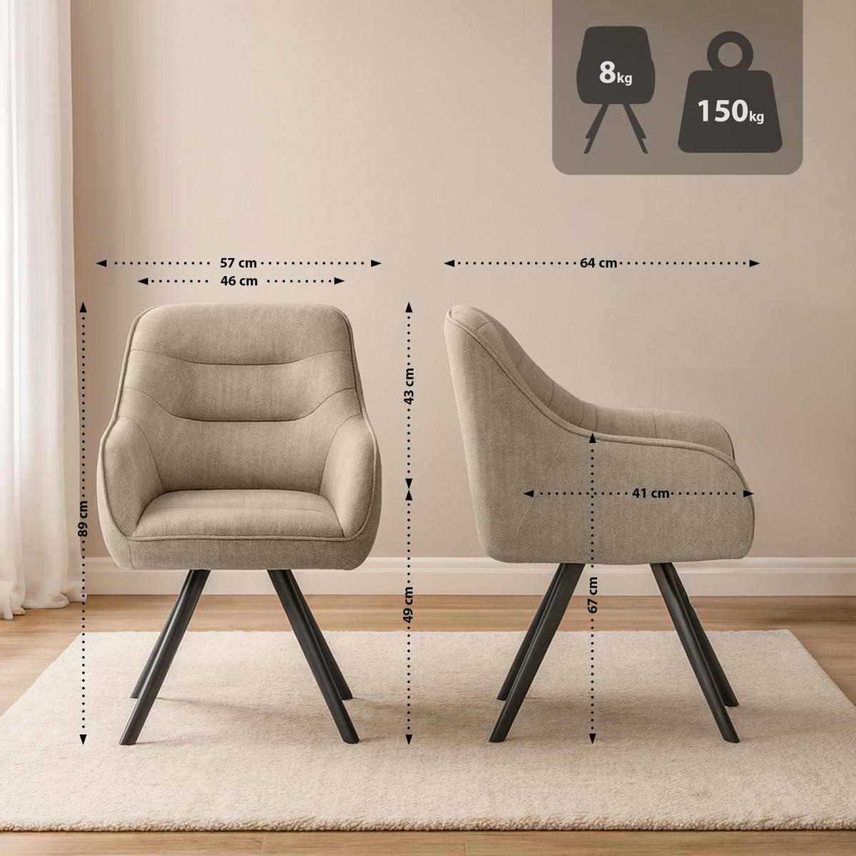 ESSZIMMERSTUHL Stoff Taupe - Taupe/Schwarz, Textil/Metall (57/89/64cm) - CLP