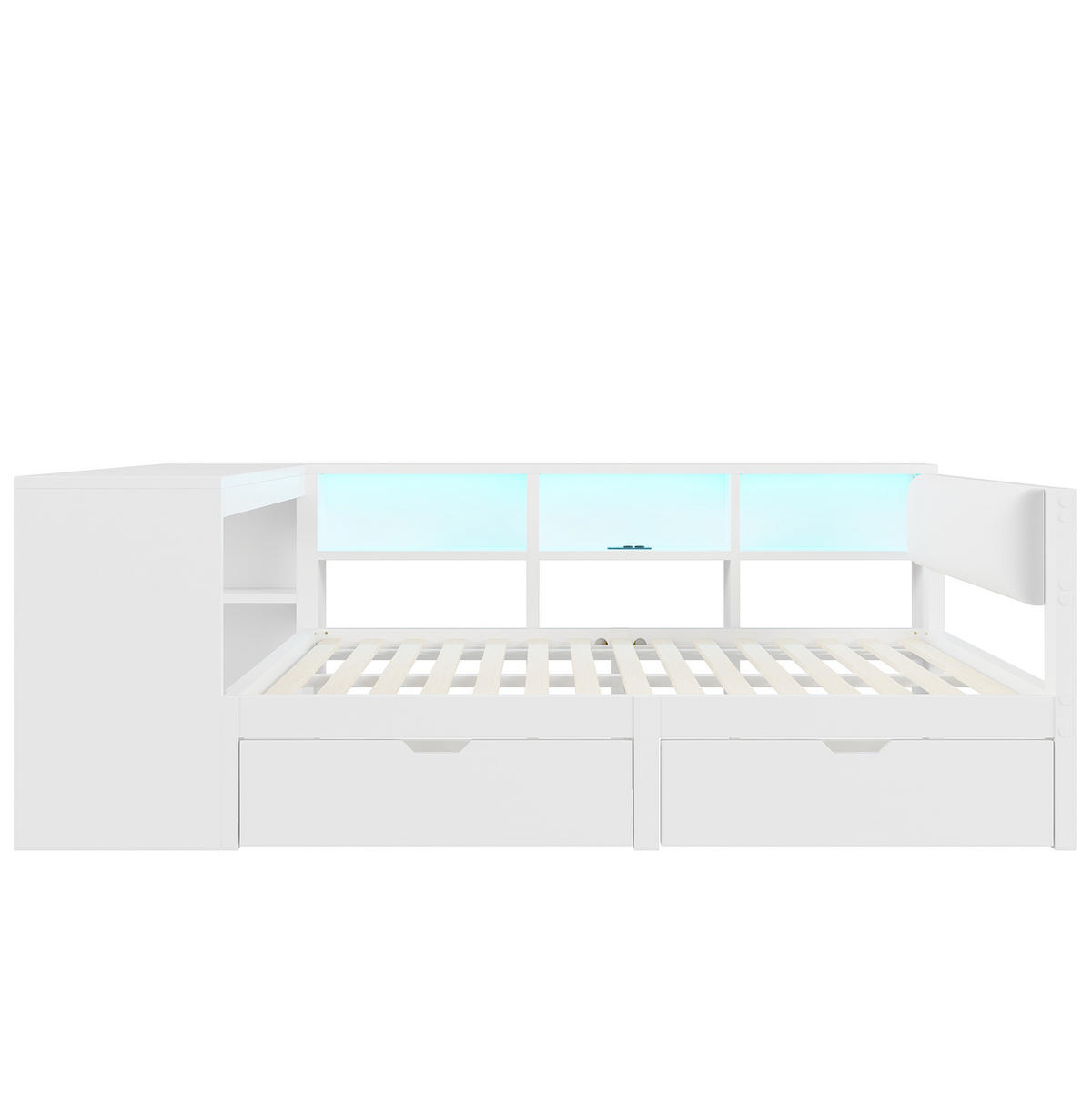 BETT 140/200 cm in Weiß mit gepolstertem Kopfteil, Schubladen und LED - Weiß, Holzwerkstoff (140/200cm) - BEAOK