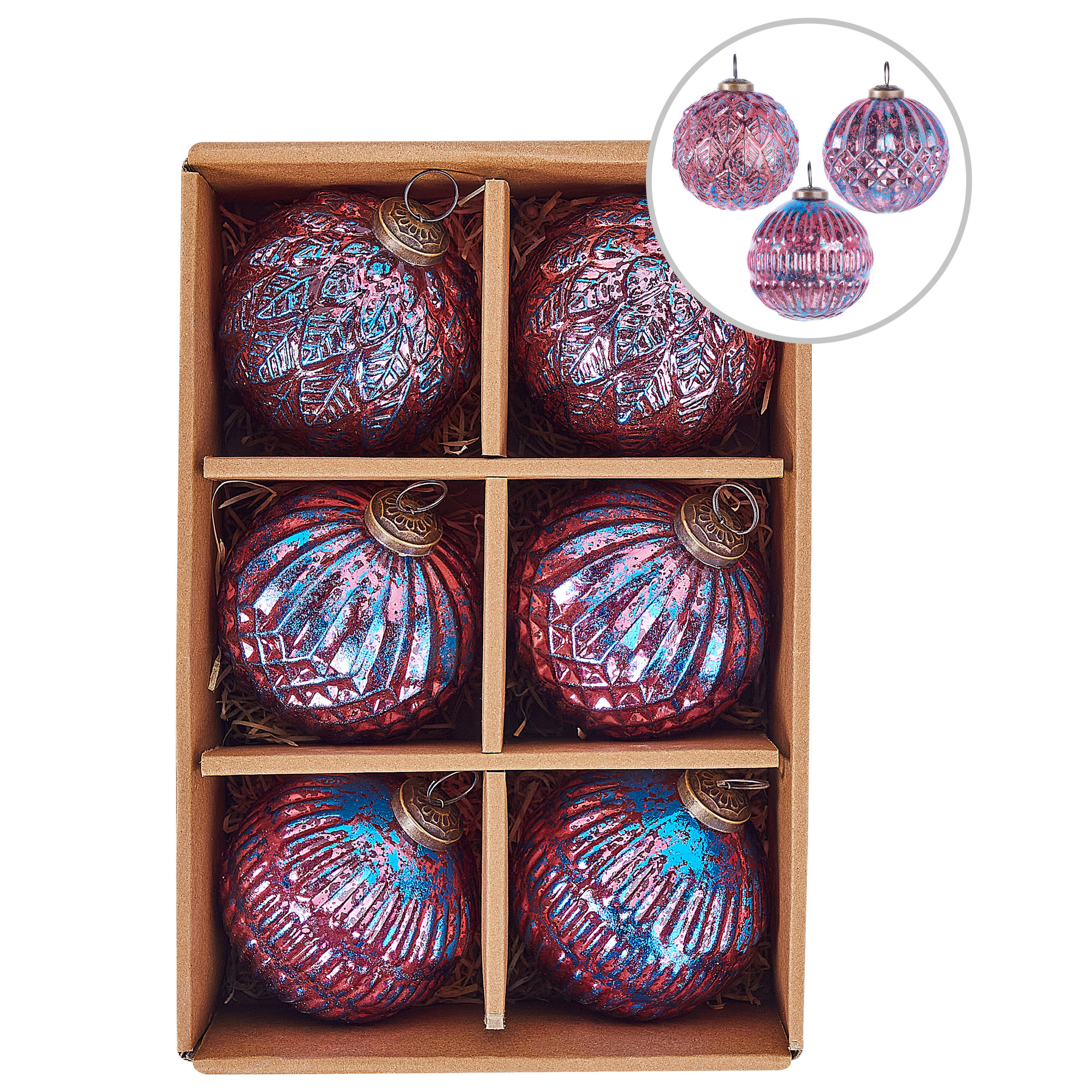 WEIHNACHTSKUGEL 6er Set Glas Rosa Astral - Blau/Pink, Glas (11/14/11cm) - Beliani