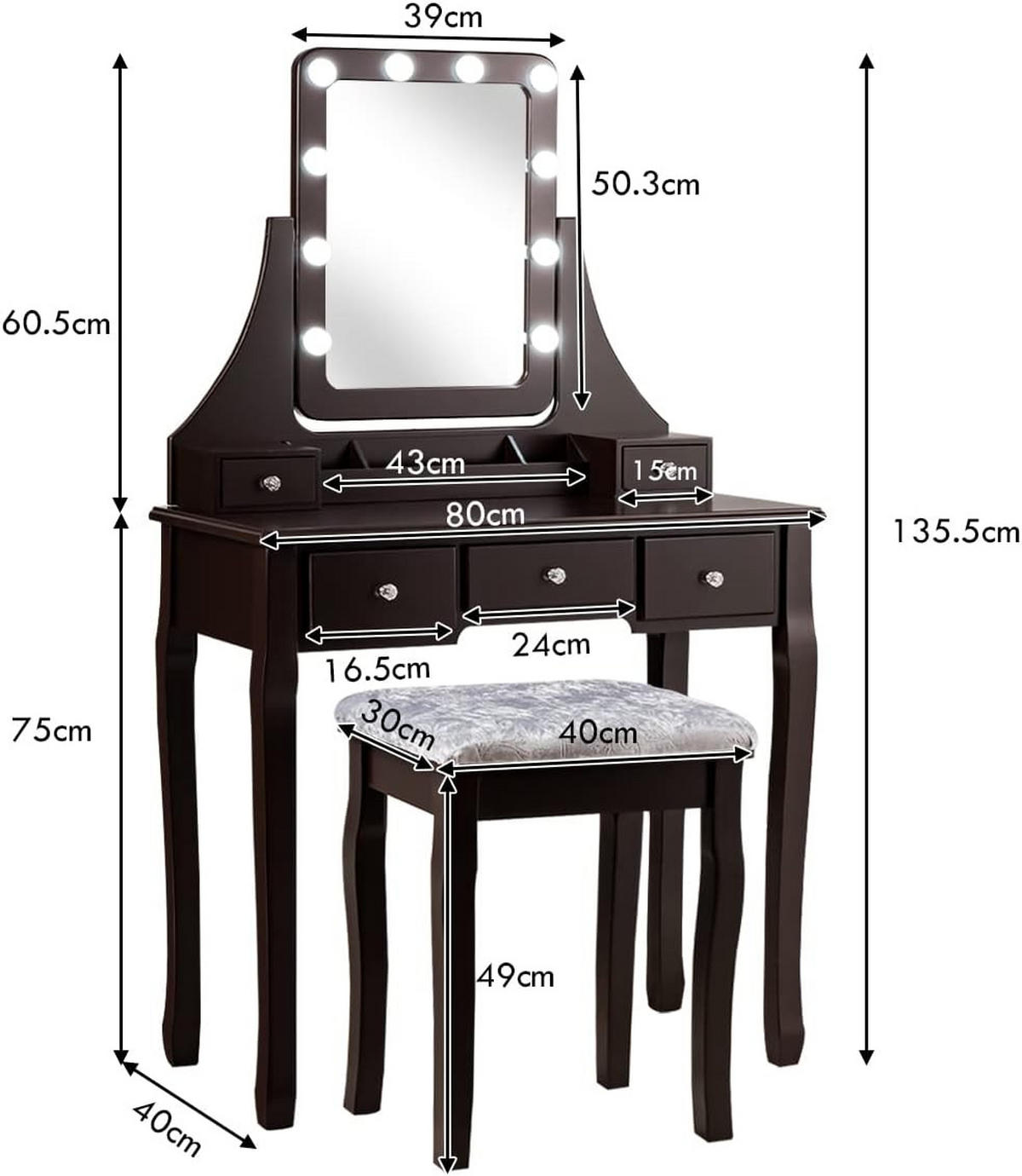 SCHMINKTISCH mit hocker Braun - Braun, Holz (80/136/40cm) - COSTWAY