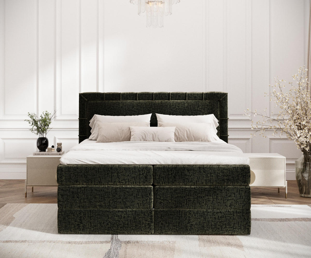 BOXSPRINGBETT Rosabel Olivenfarbe 160/200 cm mit Matratze und Topper - Schwarz/Olivgrün, Holz/Holzwerkstoff (160/200cm) - Maison de Reve