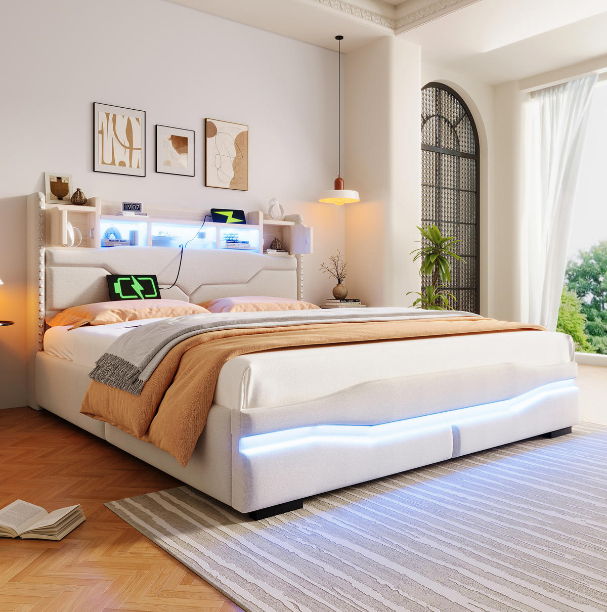 ČALÚNENÁ posteľ z ľanu, 160/200 cm béžová, s LED osvetlením, úložným priestorom a USB-C - béžová, textil (160/200cm) - BEAOK