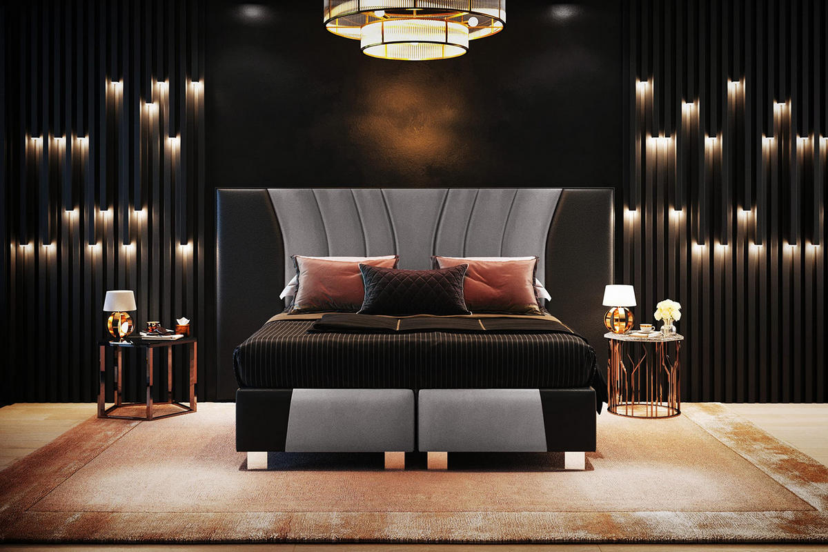 BOXSPRINGBETT IMPERIAL 200x200 cm, Aus Leder und Velvet Bezug, Schwarz Leder + Silbergrau - Silberfarben, Leder/Holz (200/200cm) - Trada