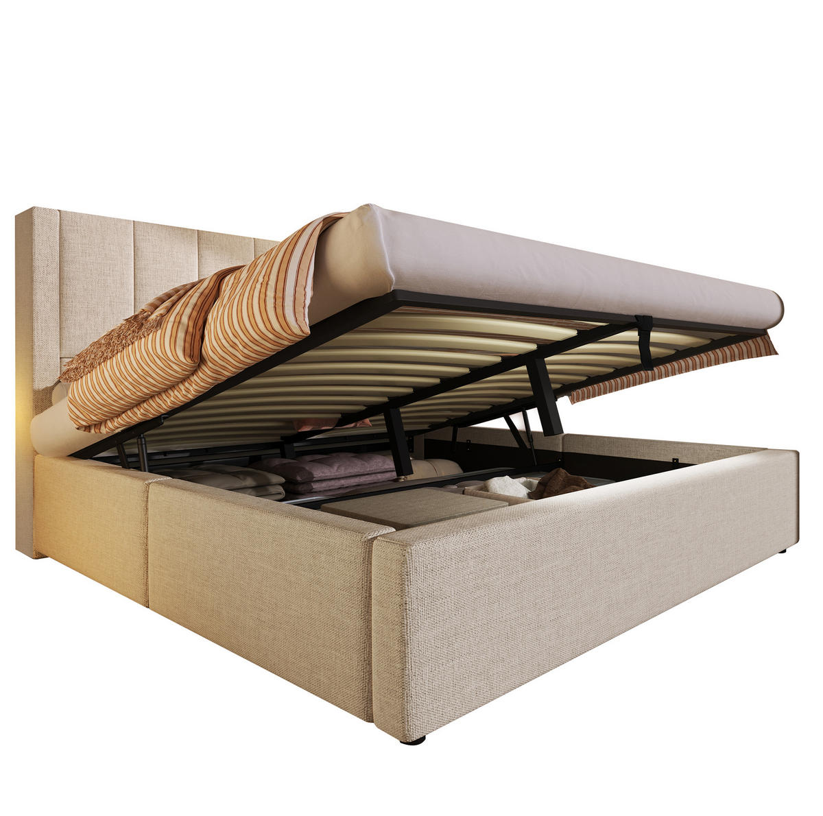 POLSTERBETT mit Stauraum & Ladestation 140x200 cm Leinen Beige inkl. Matratze - Beige, Metall (140/200cm) - Meubliv