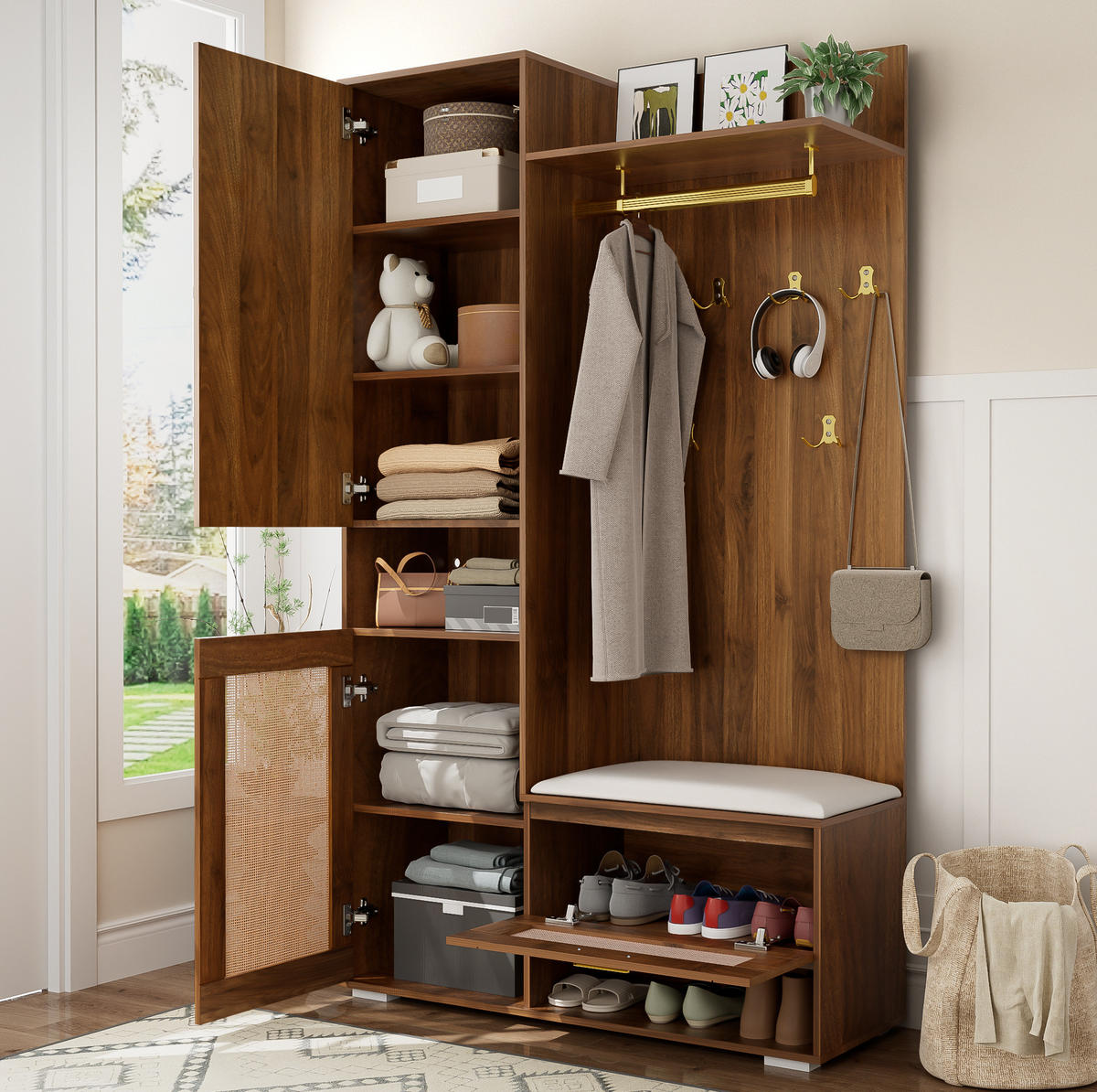 DIELENGARDEROBE 110/38/190 cm mit 6 Haken, Spiegel und Sitzbank - Walnussfarben, Holzwerkstoff (38/190/110cm) - BEAOK