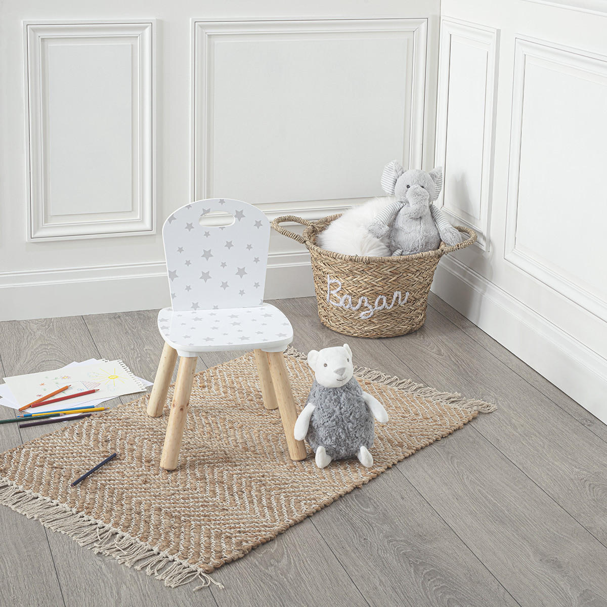 KINDERSTUHL weiß mit grauen Sternen 30/30/49,5 cm - Weiß, Holzwerkstoff (30/49.5/30cm) - Atmosphera for kids