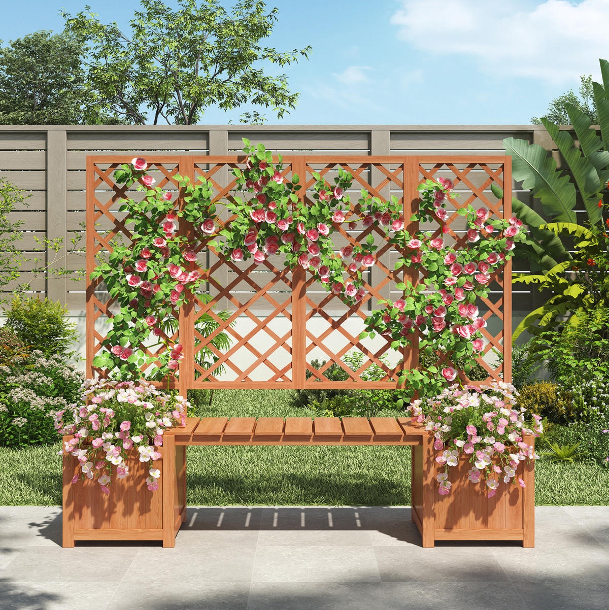 BLUMENKASTENHALTER aus Massivholz 169x145x42 cm in Natur mit Spalier & Sitzfläche - Naturfarben, Holz (42/145/169cm) - Modfu