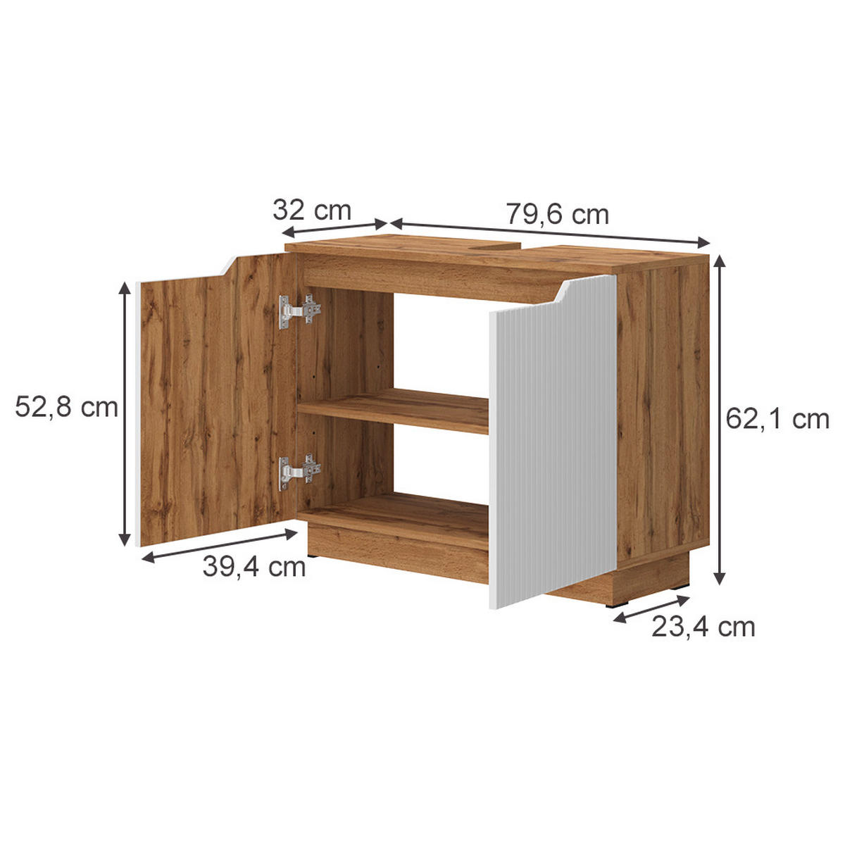 WASCHBECKENUNTERSCHRANK Lotta Eiche/weiß gestreift 79.6 x 62.1 cm mit 2 Türen - Eichefarben/Weiß, Holzwerkstoff (79.6/62.1/32cm) - Vicco