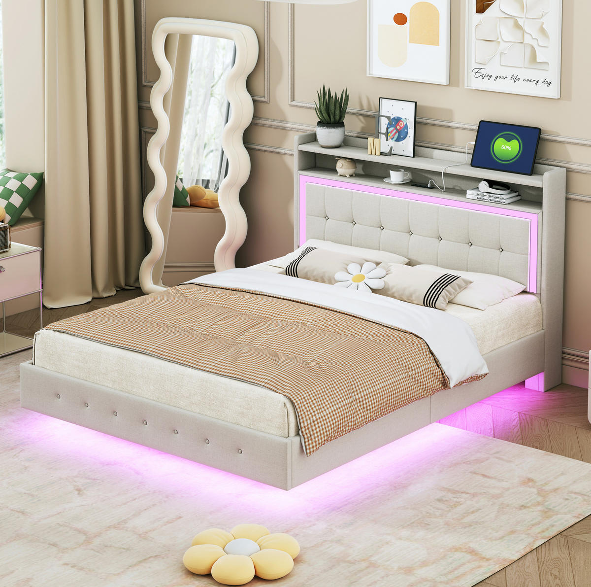 POLSTERBETT 140/200 cm Beige mit USB-Steckdose und LED-Beleuchtung - Beige, Textil (140/200cm) - Flora Grace