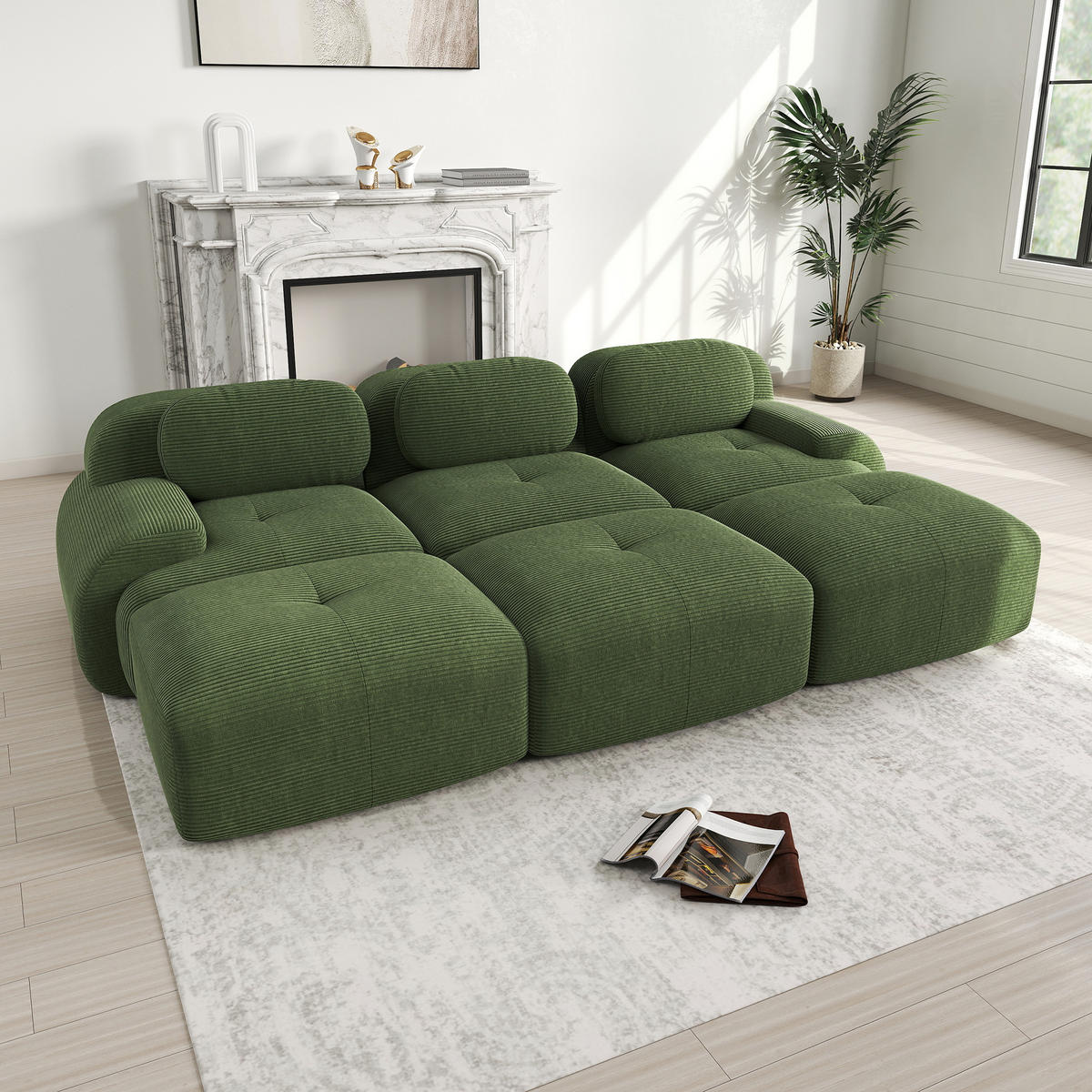 3-SITZER Sofa 298×178×75 cm Cordstoff rahmenlos modular mit 3 Hockern, grün - Grün, Textil (178/75/298cm)