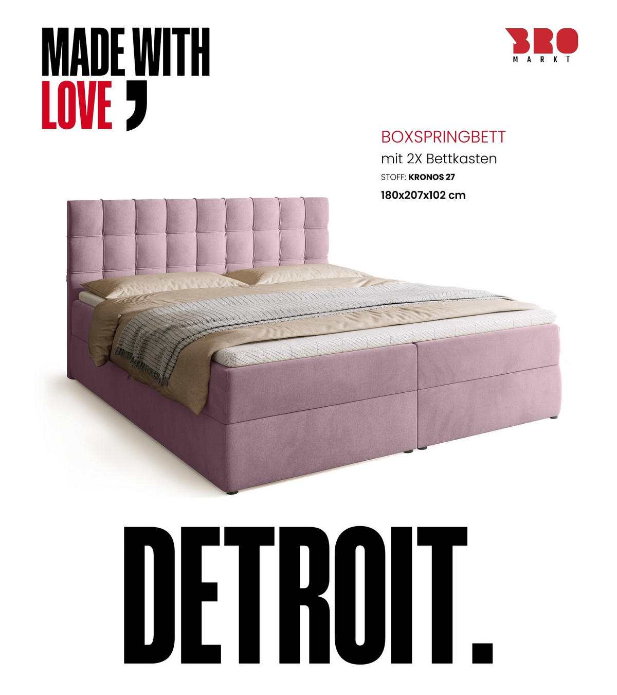 BOXBETT Detroit mit Topper 180/200 Rosa - Rosa, Holzwerkstoff/Textil (180/200cm) - Bromarkt