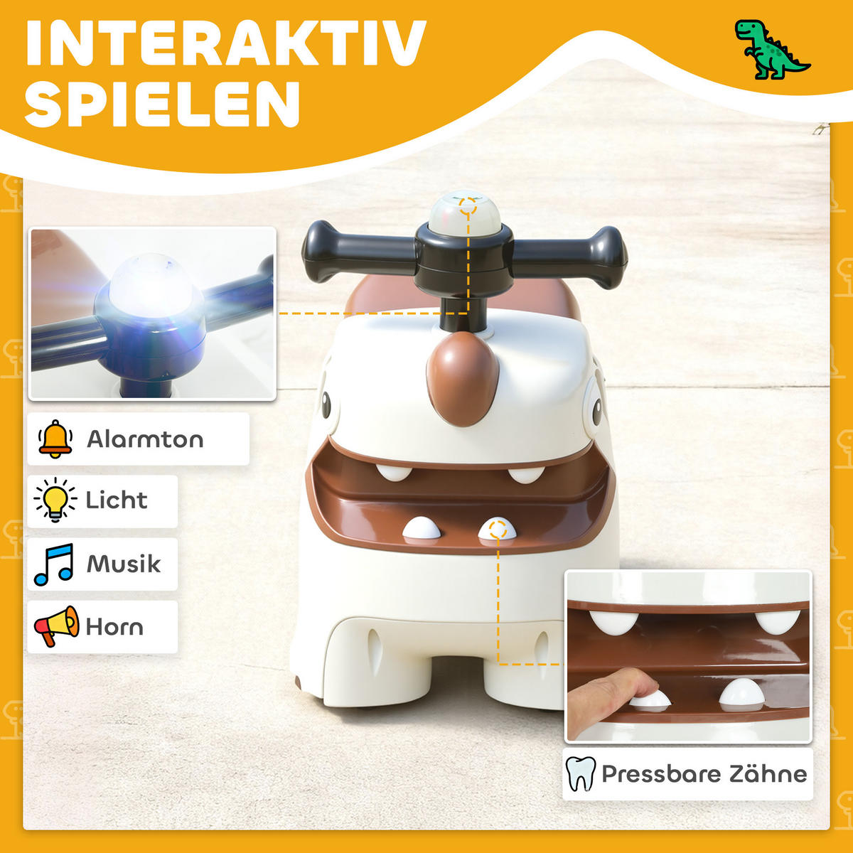 RUTSCHAUTO im Dinosaurier-Form Rutschfahrzeug mit Stauraum unter Sitz, Licht - Creme, Kunststoff (52/24/38cm) - AIYAPLAY