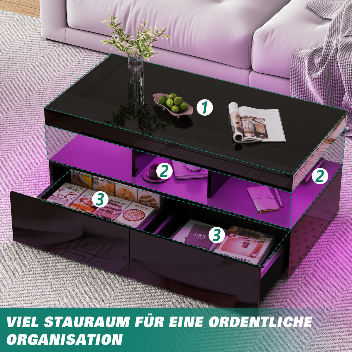 COUCHTISCH 104x53 cm mit LED, Steckdosen & 2 Schubladen, Weiß - Schwarz, Metall (53/104/46cm) - EuroLiving