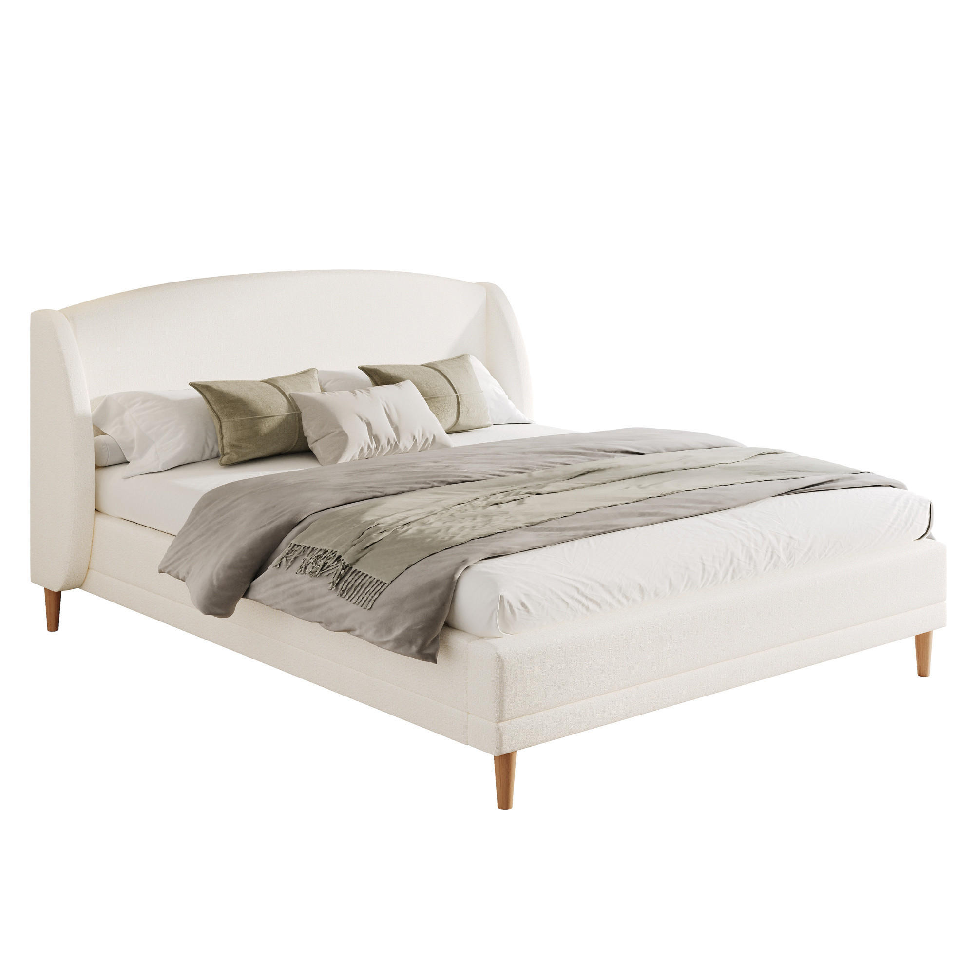 BETT mit Wingback-Kopfteil 140x190 cm Bouclé Weiß - Weiß, Holz (140/190cm) - Meubliv