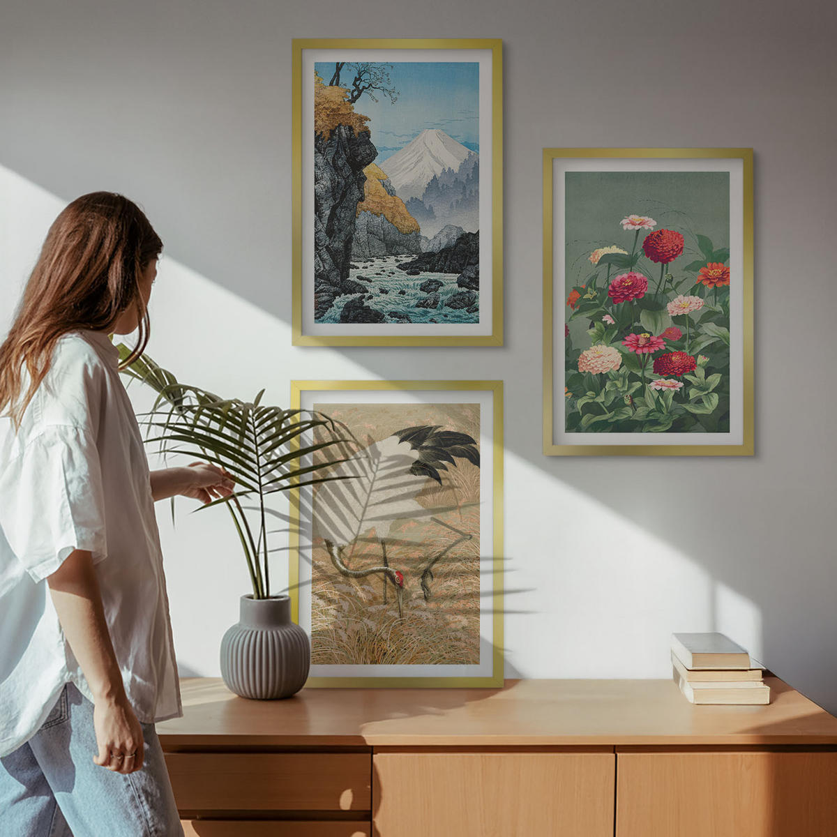 WANDBILDER 3er Set - 40x60 cm Goldrahmen - Berglandschaft, Fluss, Blumen, Kraniche - Goldfarben, Kunststoff (40/60cm) - ArtPrintCave