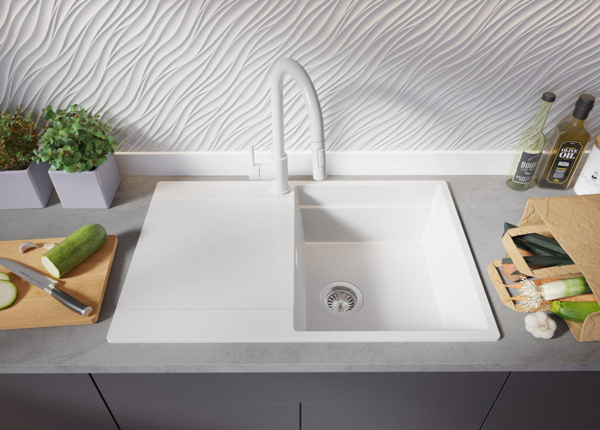 GRANITSPÜLE San Francisco, 2-er set Weiß 78/50 cm 1 Becken + Küchenarmatur 32/20 cm + Ablauf-Set + Aufrollbare Abtropffläche ab 50er Unterschrank - Chromfarben/Weiß, Kunststoff (78/20/50cm) - Primagran