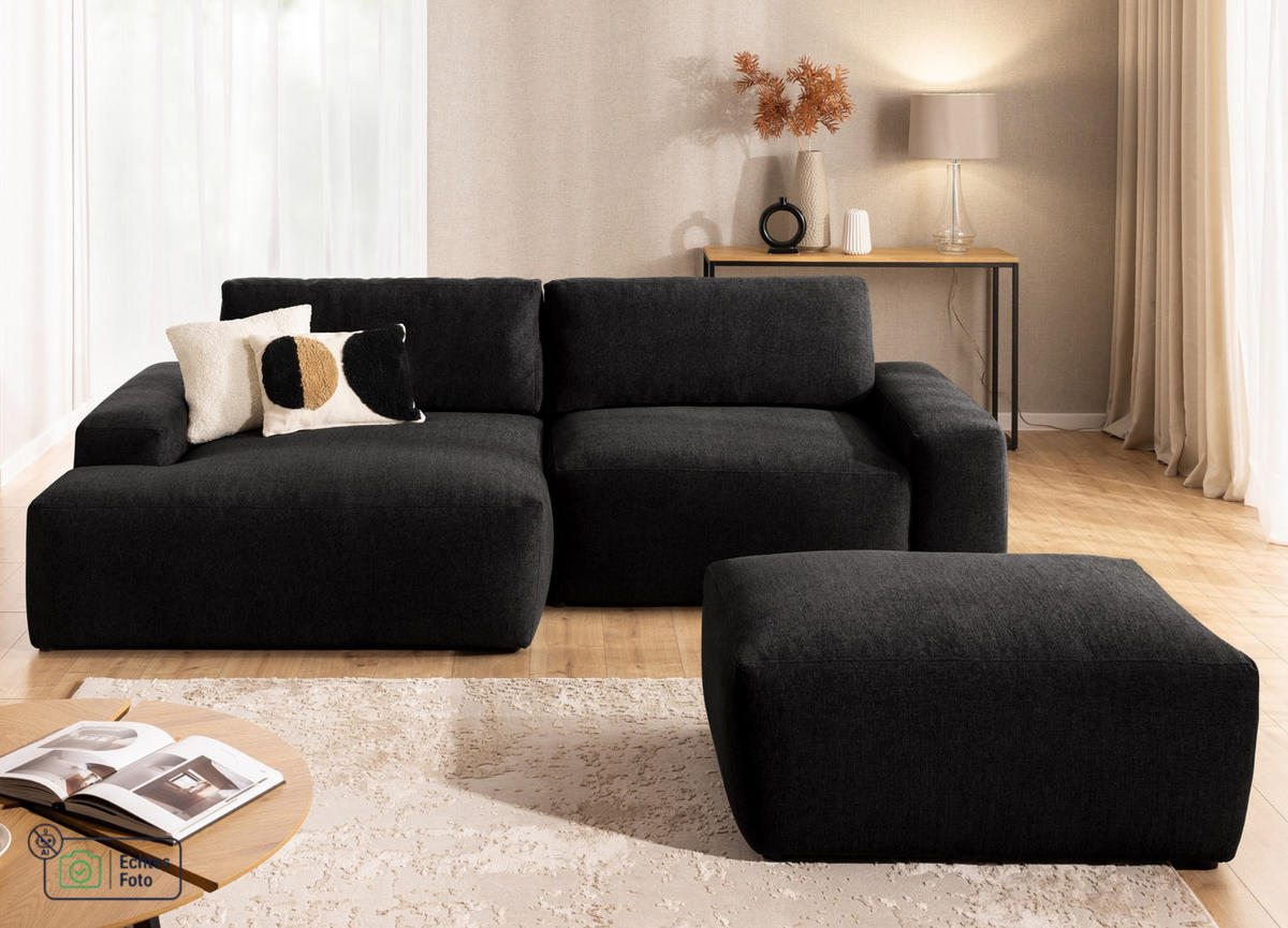 ECKSOFA inkl. Hocker Lennon aus Schwarz Strukturstoff mit Schlaffunktion und Bettkasten - Schwarz, Holz/Kunststoff (137/264cm) - S-Style