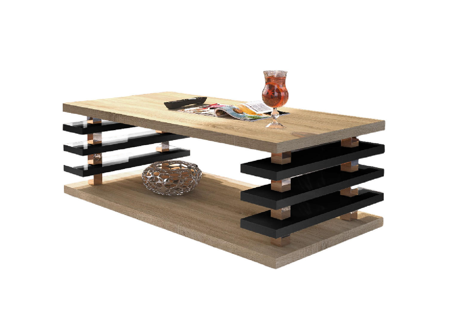 designimpex Couchtisch Eiche, Schwarz Hochglanz 120x40x60 cm