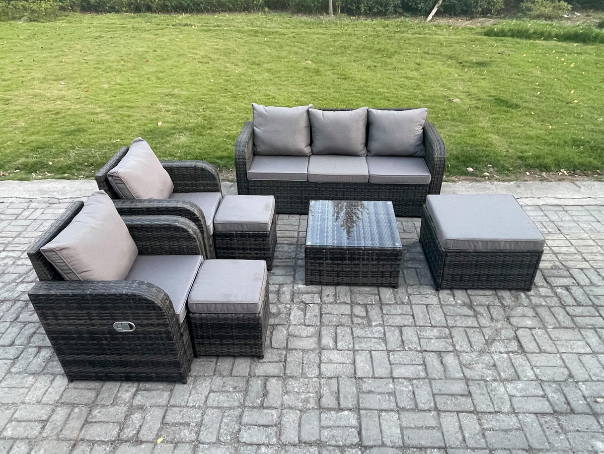 GARTENMÖBELGARNITUR mit KISSEN Polyrattan Dunkelgrau 8-Sitzer - Dunkelgrau/Grau, Glas/Kunststoff - Fimous