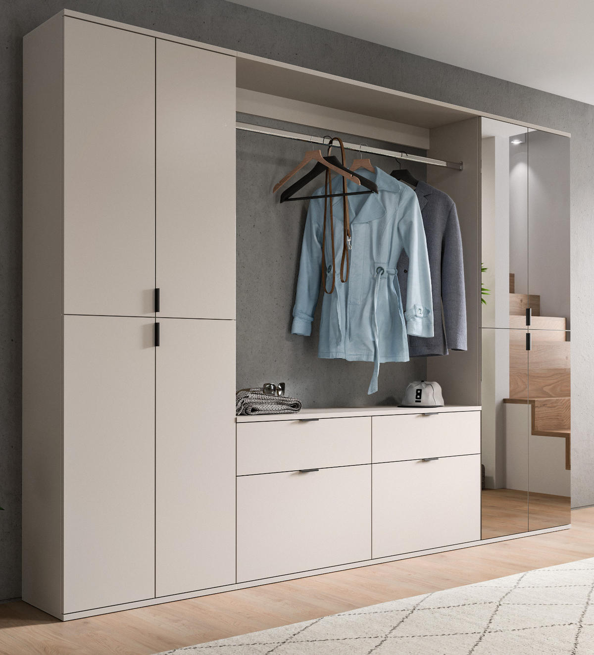 GARDEROBEN-SET Kaschmir 243 x 193 cm, Schuhschrank mit Spiegel - Kaschmir/Schwarz, Glas/Holzwerkstoff (243/193/34cm) - Inn.Furn