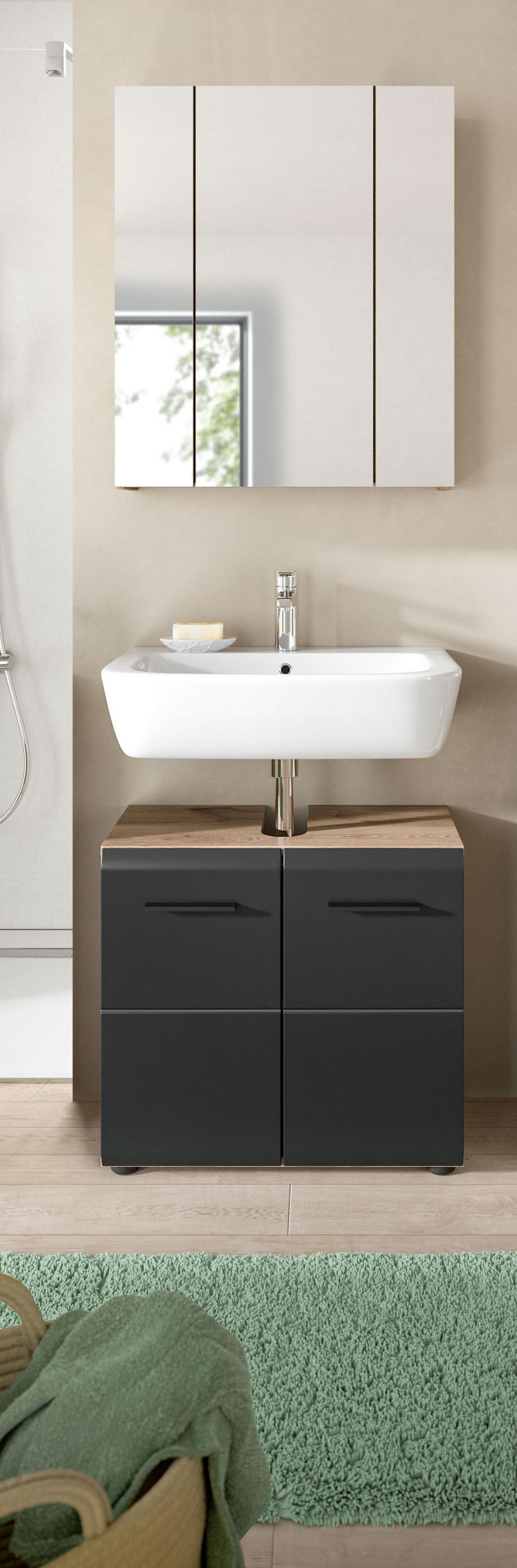 BADEZIMMER Alba 2-tlg (B/H/T: ca. 60/185/30 cm) in Nox Oak /schwarz matt - Eichefarben, Holz (60/185/30cm)