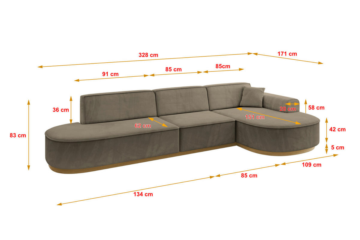 ECKSOFA Ottomane Rechts MARI-L2-v2 - 328x171x83 cm Dunkelbraun Velours - Dunkelbraun, Holzwerkstoff/Textil (171/328cm) - ALTDECOR