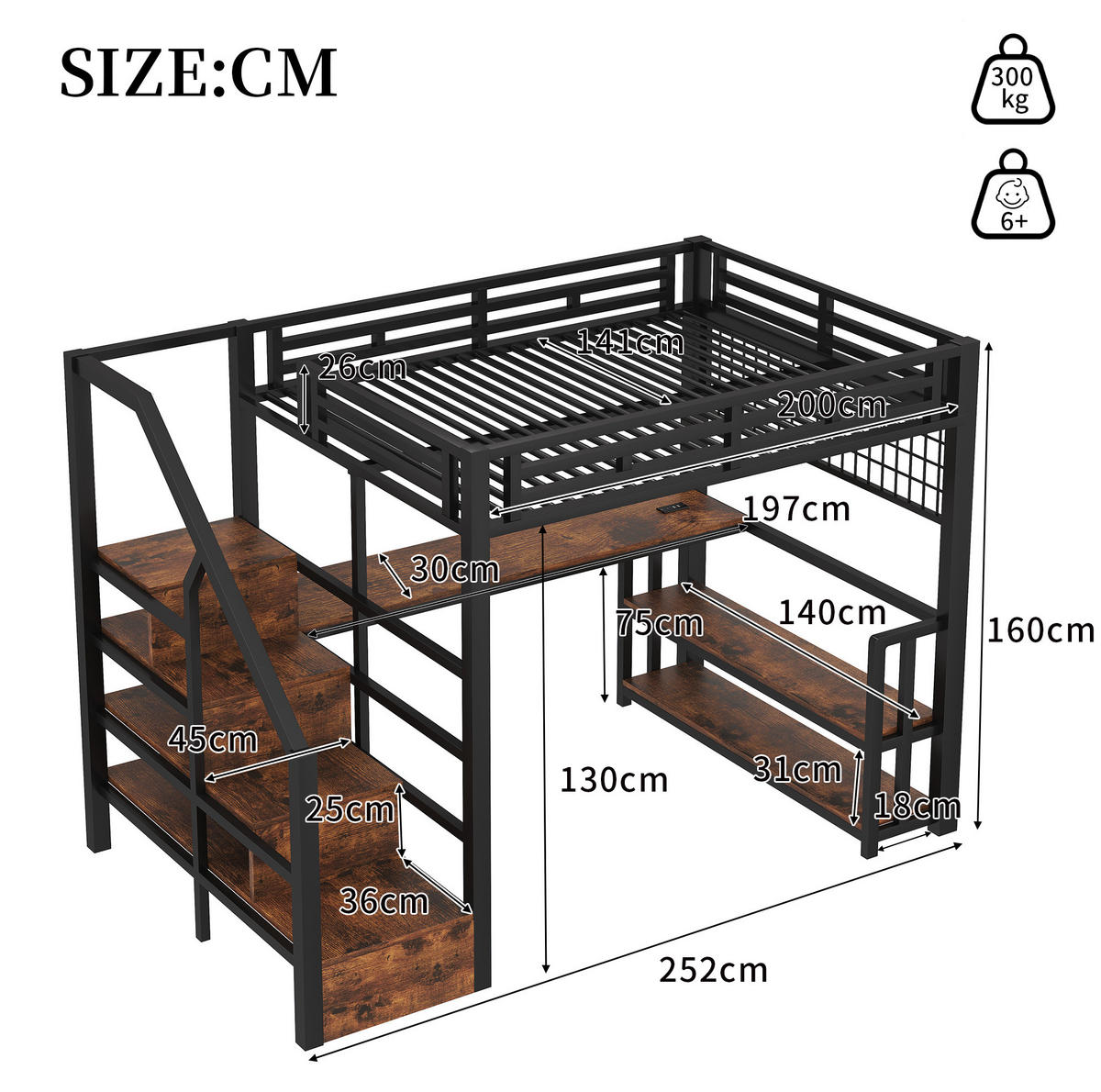 HOCHBETT aus Metall und MDF 140x200 cm Schwarz mit Schreibtisch, Stauraumtreppe, LED und USB - Schwarz, Metall (140/200cm) - IVMEU
